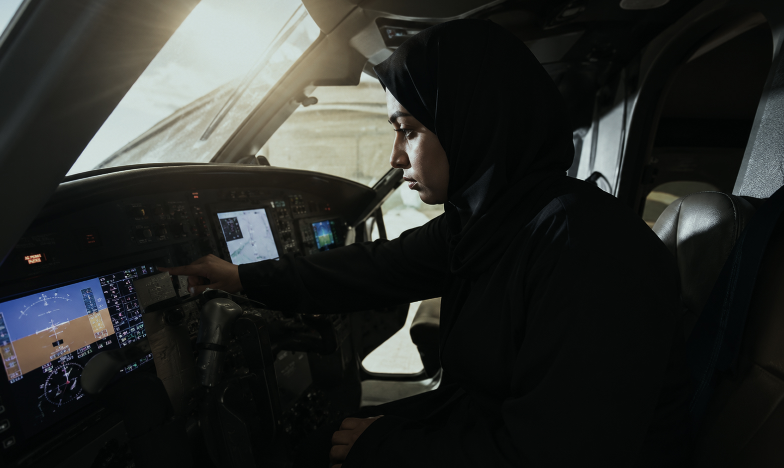 Woman pilot receiving training in an aircraft cockpit